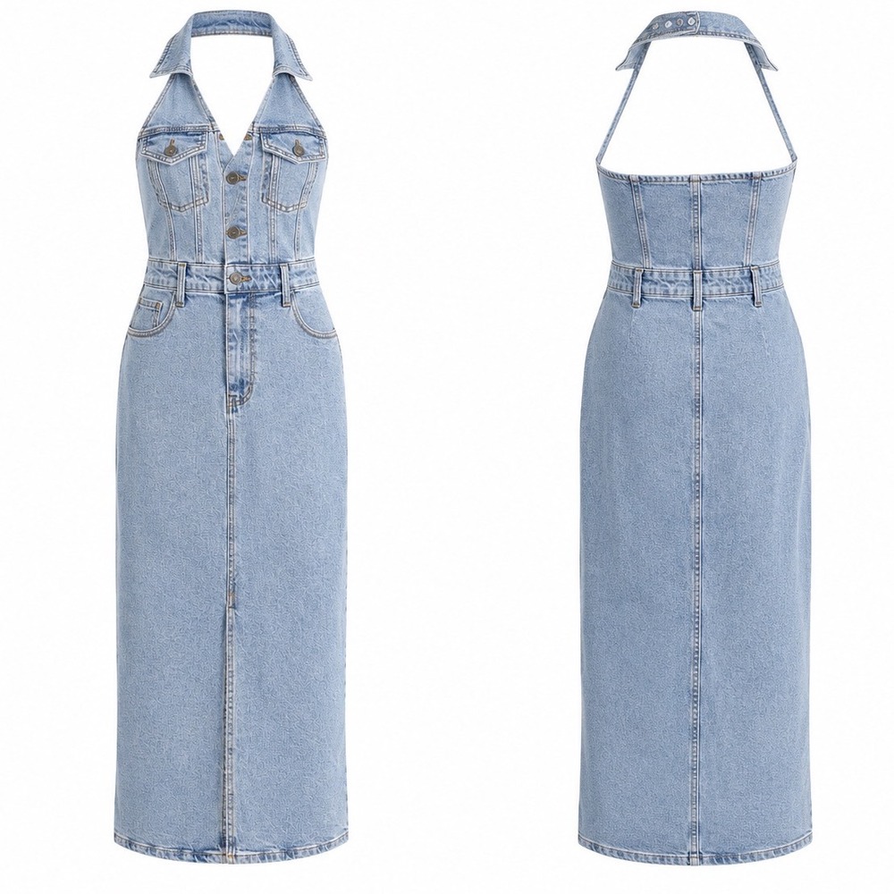 Gianni Bini Denim Halter Maxi Dress Womens XS Light Wash Western Y2K Festival